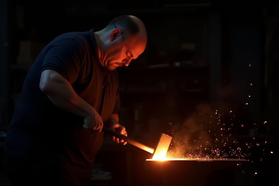 고라에 포지의 숙련된 대장장이가 뜨겁게 달궈진 금속을 망치로 내려치는 역동적인 모습. 스파크가 튀고 집중된 표정이 돋보임.