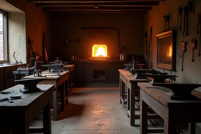 고라에 포지 작업실 내부. 오래된 목재 작업대와 대장간 도구들, 그리고 뜨거운 불꽃을 담아내는 화덕의 모습.