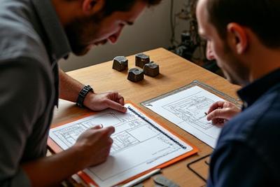 대장장이와 고객이 디자인 스케치를 보며 상담하는 모습. 옆에는 금속 샘플과 도면이 놓여있음.