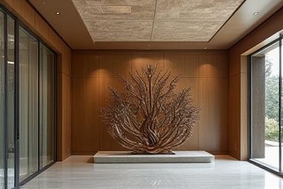 완성된 금속 조형물이 설치된 공간의 모습. 주변 환경과 조화롭게 어우러지며, 디테일한 마감이 돋보임.