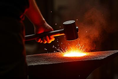 대장장이가 뜨겁게 달궈진 붉은 금속을 망치로 단조하는 순간, 불꽃과 연기가 역동적으로 퍼지는 모습.