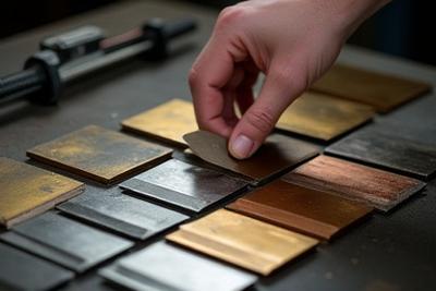 다양한 종류의 금속 샘플들이 작업대에 정렬되어 있고, 한 손이 샘플을 고르는 모습.